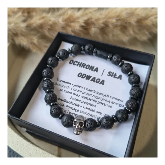 BRANSOLETKA MĘSKA LAWA WULKANICZNA TURMALIN HEMATYT CZACHA OCHRONA SIŁA ODWAGA
